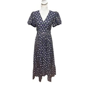 Hunter Bell New York Navy Flora Print Midi Dress Puff Sleeve V Neck no belt